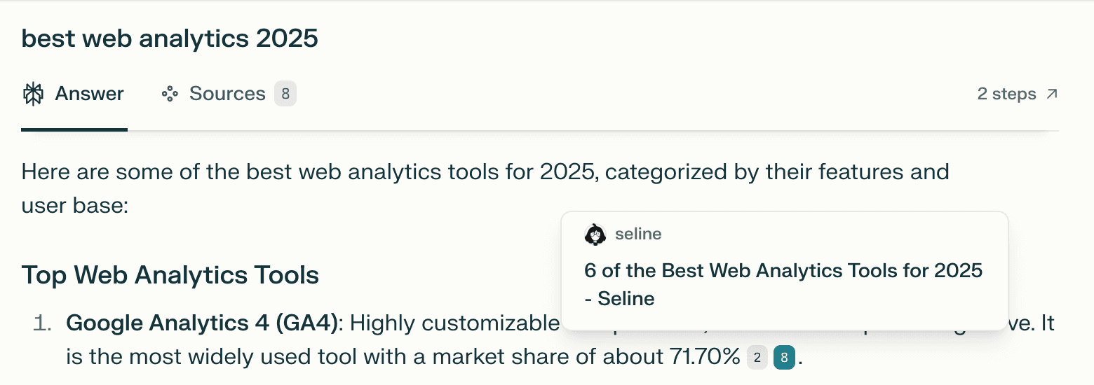 Seline in 'best web analytics 2025' Perplexity search results.