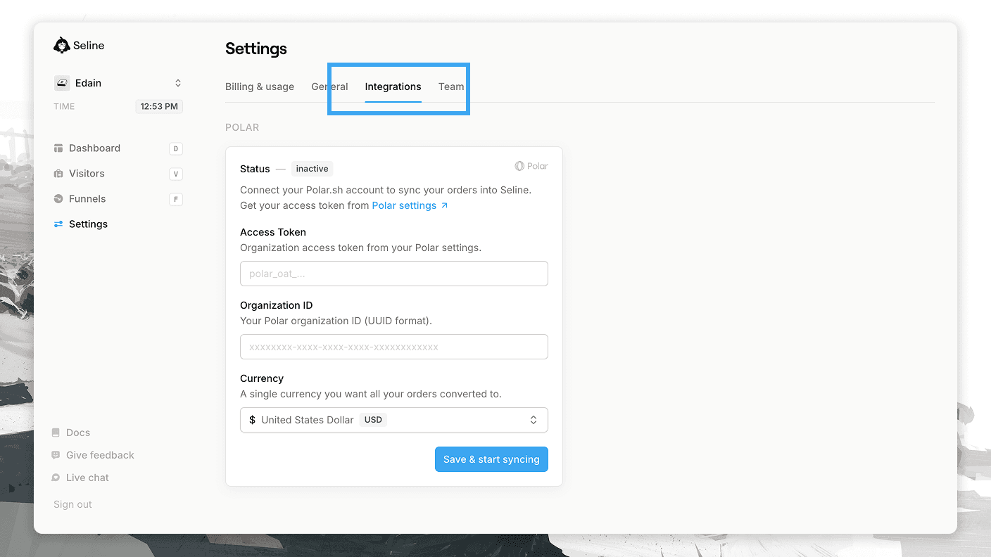 Seline integrations page with Polar API key and Organization ID fields