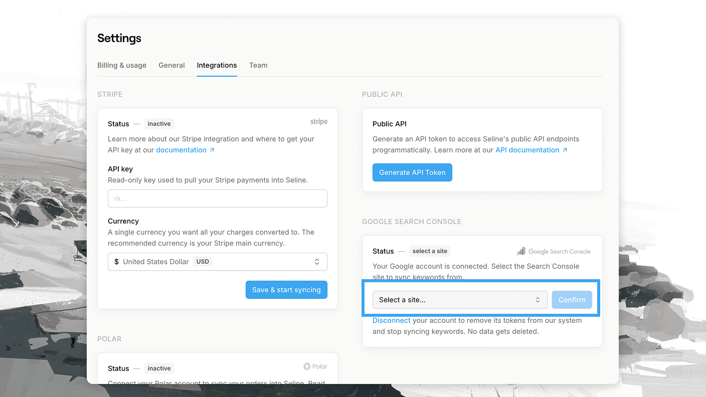Seline integrations page with Google Search Console site selection