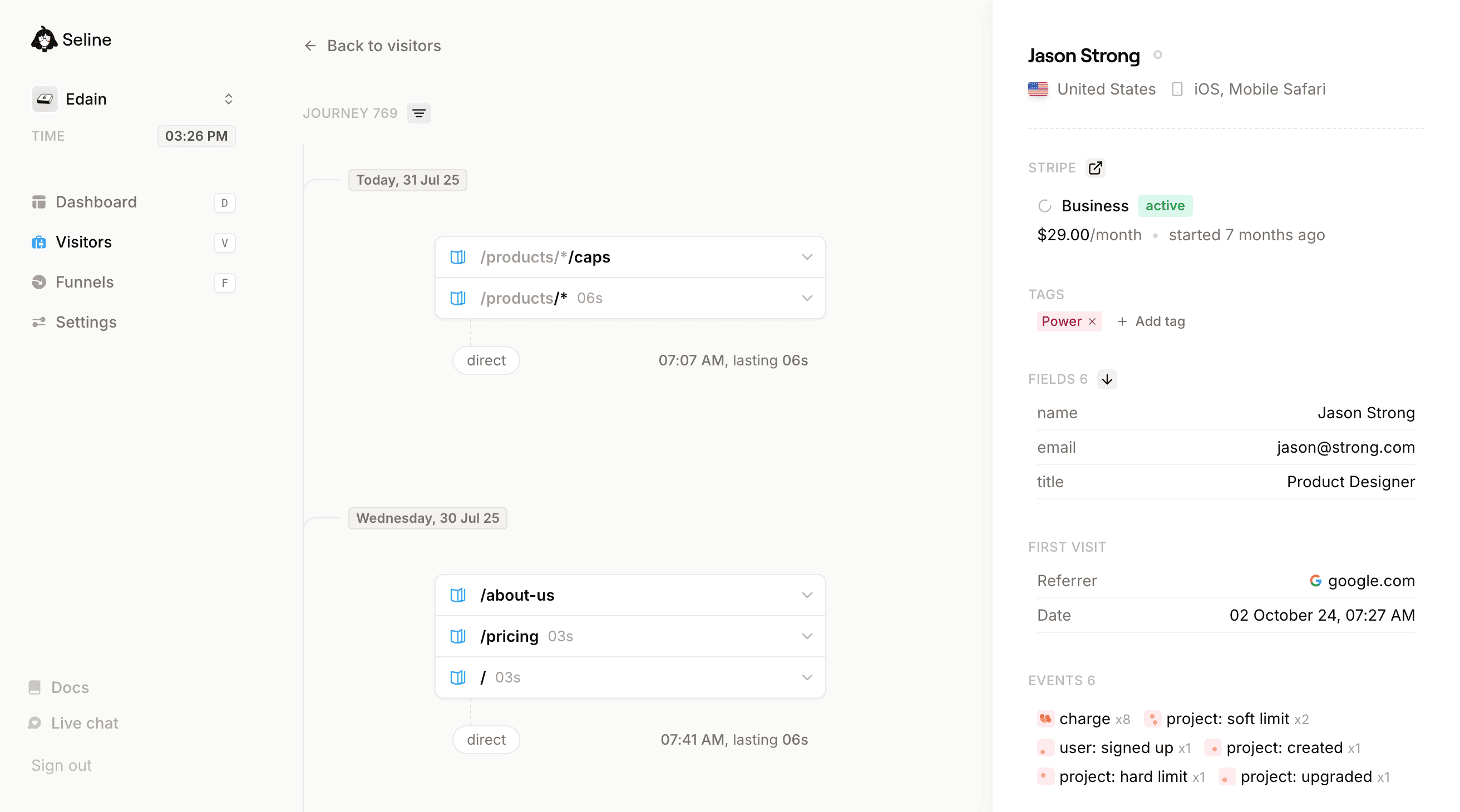 Seline journeys & profiles page with tracked visitor data
