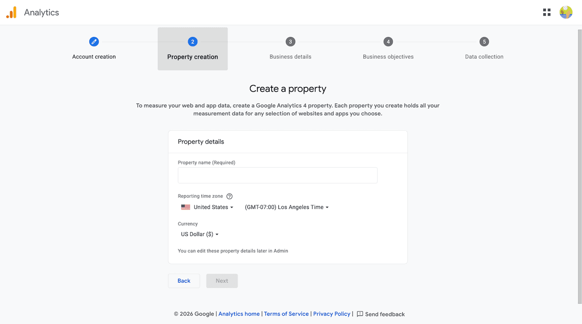 GA4 Create a property screen with time zone and currency