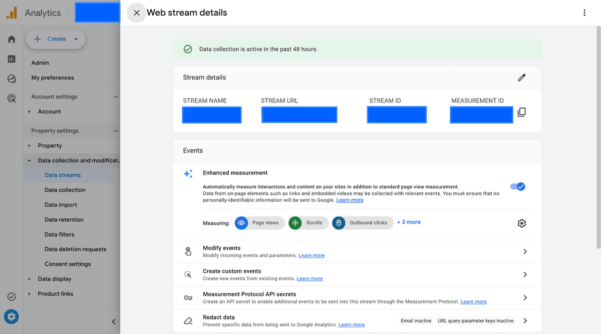GA4 web stream details with Enhanced measurement turned on