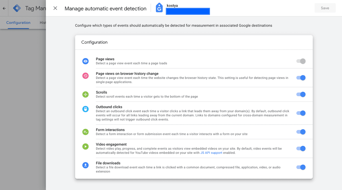 Google Tag Manager automatic event detection settings