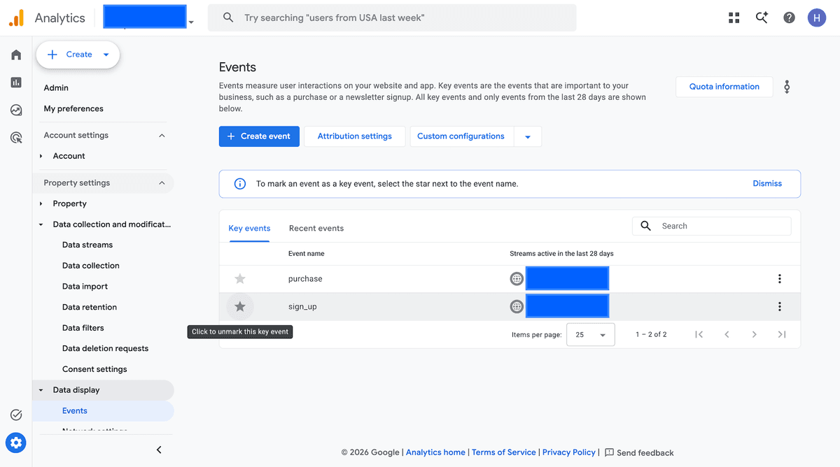 GA4 Events screen with sign_up marked as a key event