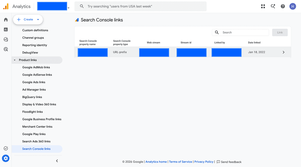 GA4 Search Console links admin screen